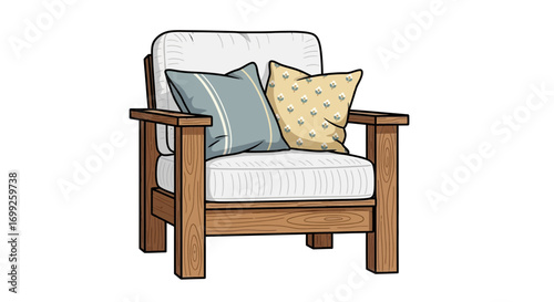 Cozy cartoon armchair illustration with pillows, promoting relaxation