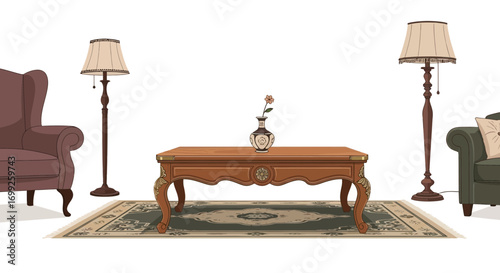 Cozy Cartoon Living Room Interior Featuring Classic Furnishings