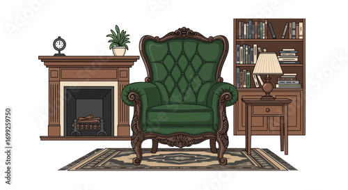 Cozy illustration of a vintage living room with armchair and fireplace