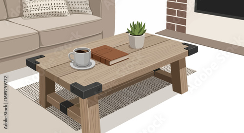 Cozy living room illustration with coffee, book, and succulent on table