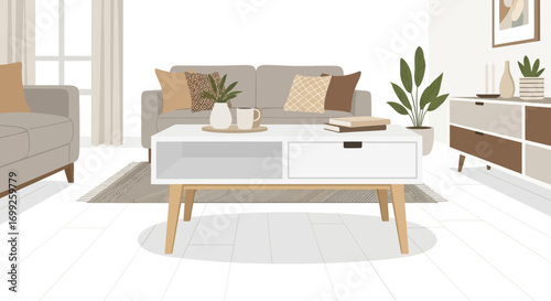 Cozy living room interior with minimalist furniture and natural light