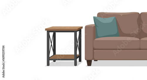 Cozy Living Room Interior with Brown Sofa and Rustic Side Table