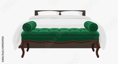 Elegant bedroom interior design featuring a luxurious green velvet bed bench