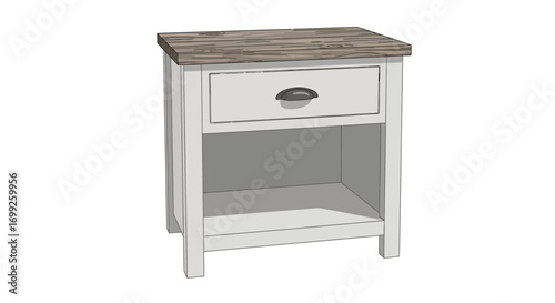 Elegant bedside table illustration with rustic wood top and neutral frame