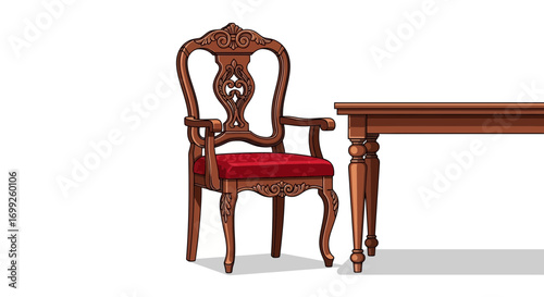 Elegant dining arrangement featuring an ornate chair and wooden table