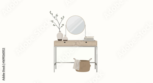 Elegant dressing table with mirror, plants, books and storage basket