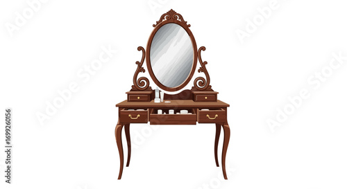 Elegant dressing table with vintage style mirror and cosmetics display