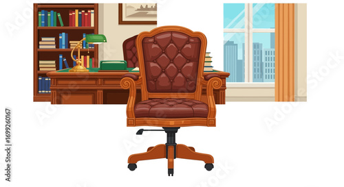 Elegant executive office setup featuring an ornate chair and cityscape view