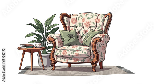 Elegant floral armchair with side table, books, plant, and patterned rug