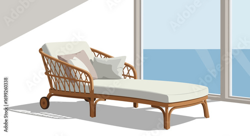 Elegant indoor rattan chaise lounge with seaside view perfect for relaxation