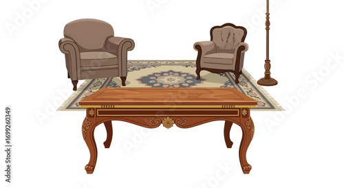 Elegant interior design illustration with classic furniture arrangement