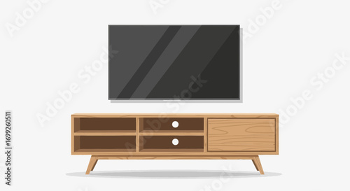Elegant mid-century modern living room setup with wooden cabinet and tv