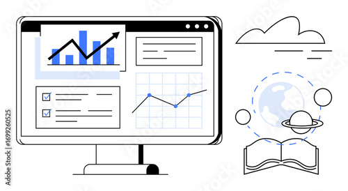 Computer screen with charts, graphs, checklist alongside open book, planetary icons, and cloud. Ideal for data analysis, education, learning growth innovation strategy progress. Simple flat