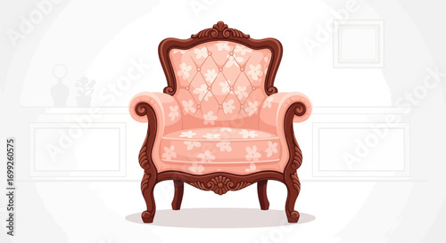 Elegant pink armchair with floral pattern in a minimal interior design scene