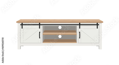 Elegant TV console with sliding barn doors, offering rustic modern style