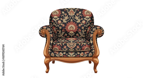 Elegant upholstered armchair with vintage floral fabric pattern design