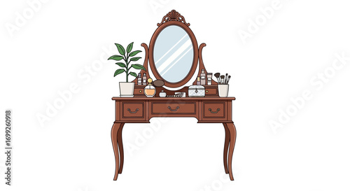 Elegant wooden dressing table with a mirror and beauty essentials