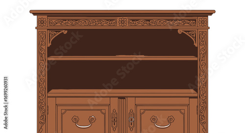Exquisitely carved wooden bookshelf cabinet with ornate floral designs