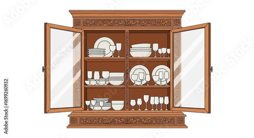 Elegant wooden showcase revealing an array of pristine dishware and glassware