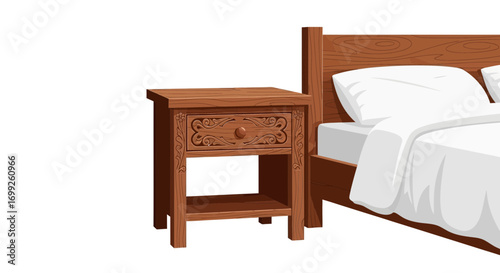 Illustration of a carved wooden bed frame and nightstand on white space