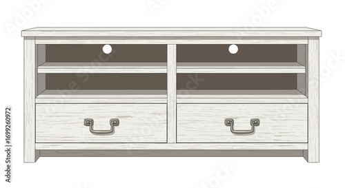 Illustration of a charming, white wooden TV console stand with drawers