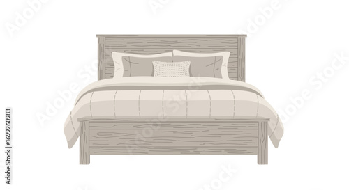 Illustration of a comfortable bed with wooden frame, pillows, and soft duvet