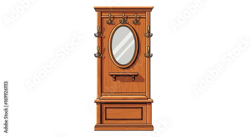 Illustration of an Antique wooden coat rack stand with mirror showcase