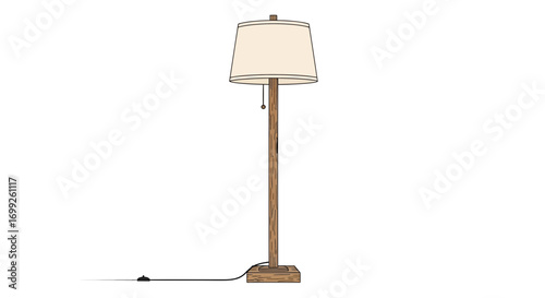 Illustration of a wooden floor lamp with a beige lampshade on white backdrop