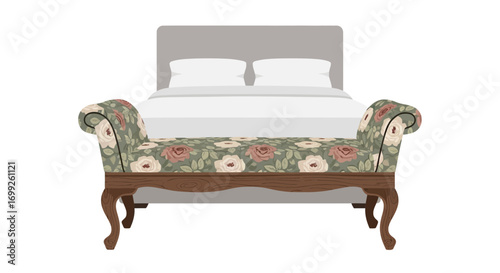 Illustration of an upholstered floral bench placed at the end of a bed