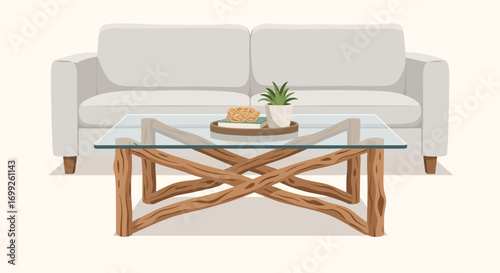 Interior design of living room with a modern couch and glass table