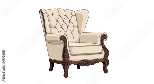 Isolated classical armchair with buttoned back on white backdrop, vintage style