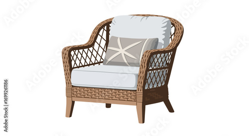 Isolated Wicker Armchair with a Nautical Themed Pillow on White Backdrop