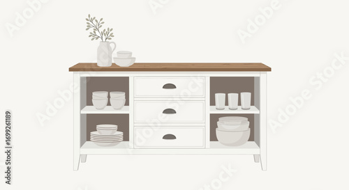 Kitchen cabinet illustration with dishes and decor for home interior design