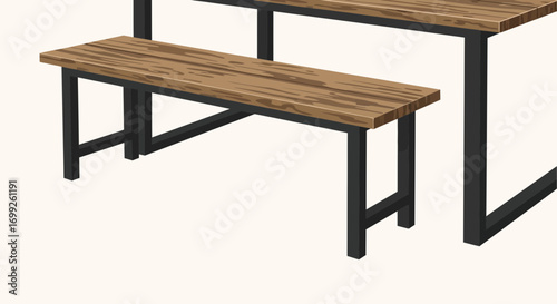 Isometric illustration of a wooden table and bench with black metal frame