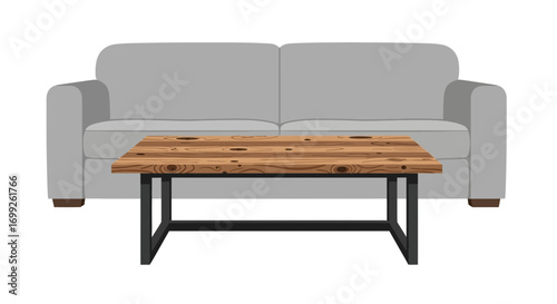 Modern minimalist living room setup with a grey sofa and wooden table