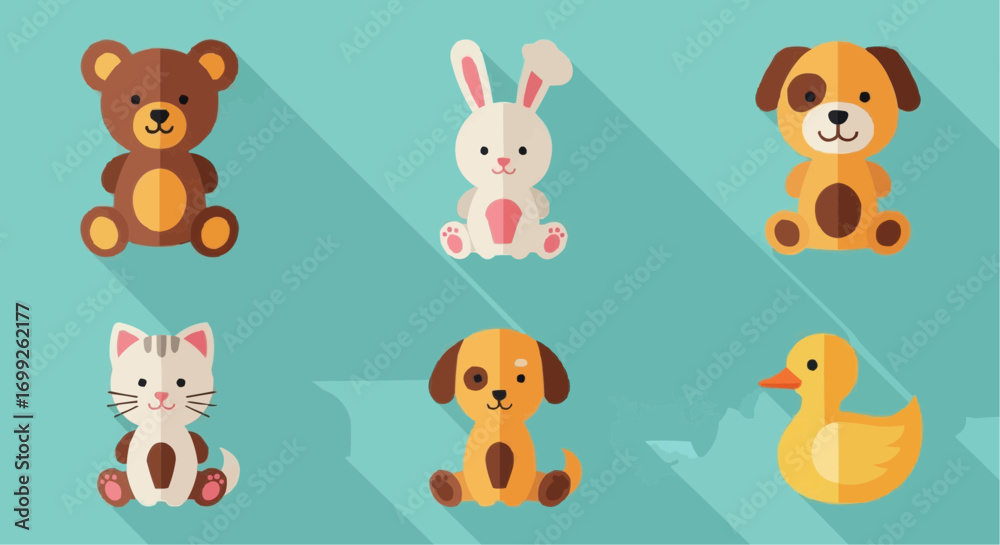 Naklejka premium Cute cartoon animal vector illustration featuring teddy bear bunny dog cat and duck perfect for kids design vector