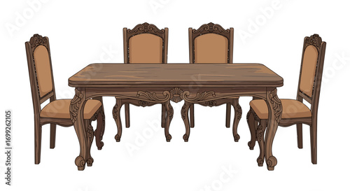 Ornate Wood Dining Table and Chairs Set Against a White Background