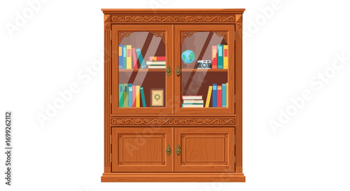 Ornate wooden bookcase with decorative carvings and classic appearance