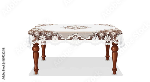 Ornate table with embroidered tablecloth creating a classic elegance