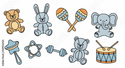 Cute baby toys vector illustration including teddy bear rabbit elephant maracas drum and rattle collection vector
