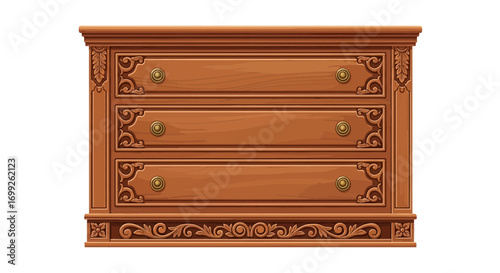 Ornate wooden chest of drawers with intricate carvings and classic hardware