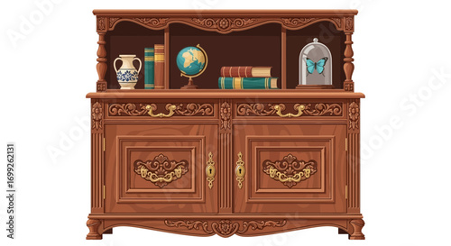 Ornate wooden cabinet with decorative items, capturing a classic aesthetic