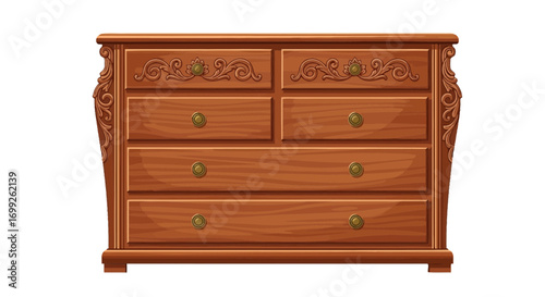 Ornate Wooden Dresser with Intricate Floral Carvings and Brass Knobs