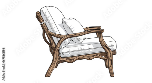 Rustic armchair illustration with natural wood frame and plush cushions