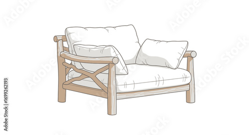 Rustic charm wooden frame armchair with fluffy white cushions render
