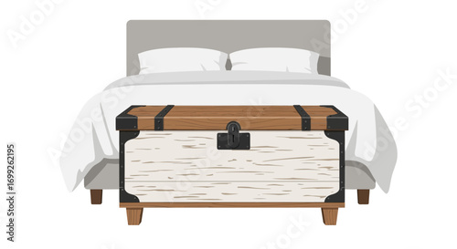 Rustic bedroom setting featuring a vintage wooden storage trunk piece