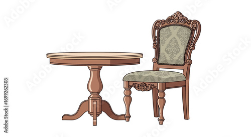 Sophisticated dining set featuring intricately carved vintage chair and table