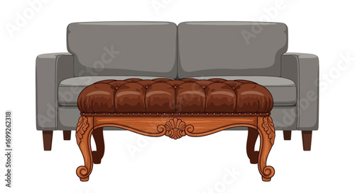 Sophisticated Interior Rendering with Tufted Ottoman and Modern Sofa