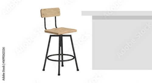 Stylish Bar Stool with Wood Seat and Black Metal Base against a Counter