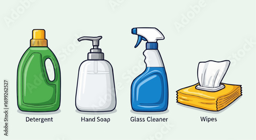 Cleaning supplies and products for household hygiene and sanitation including detergent soap glass cleaner wipes vector